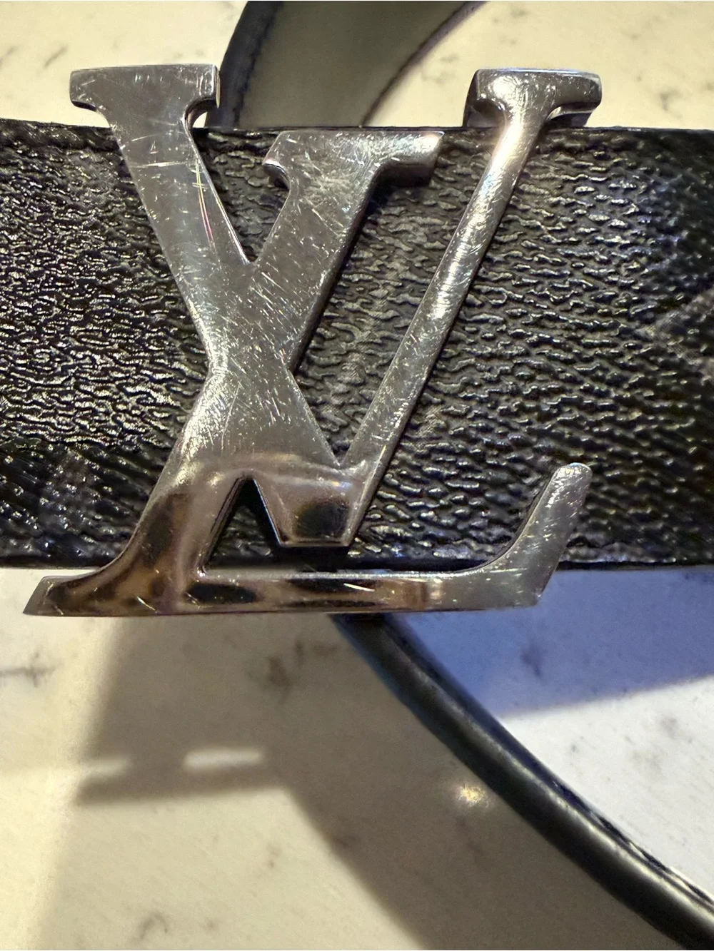 Louis Vuitton Black Leather Textured Belt with Subtle Monogram